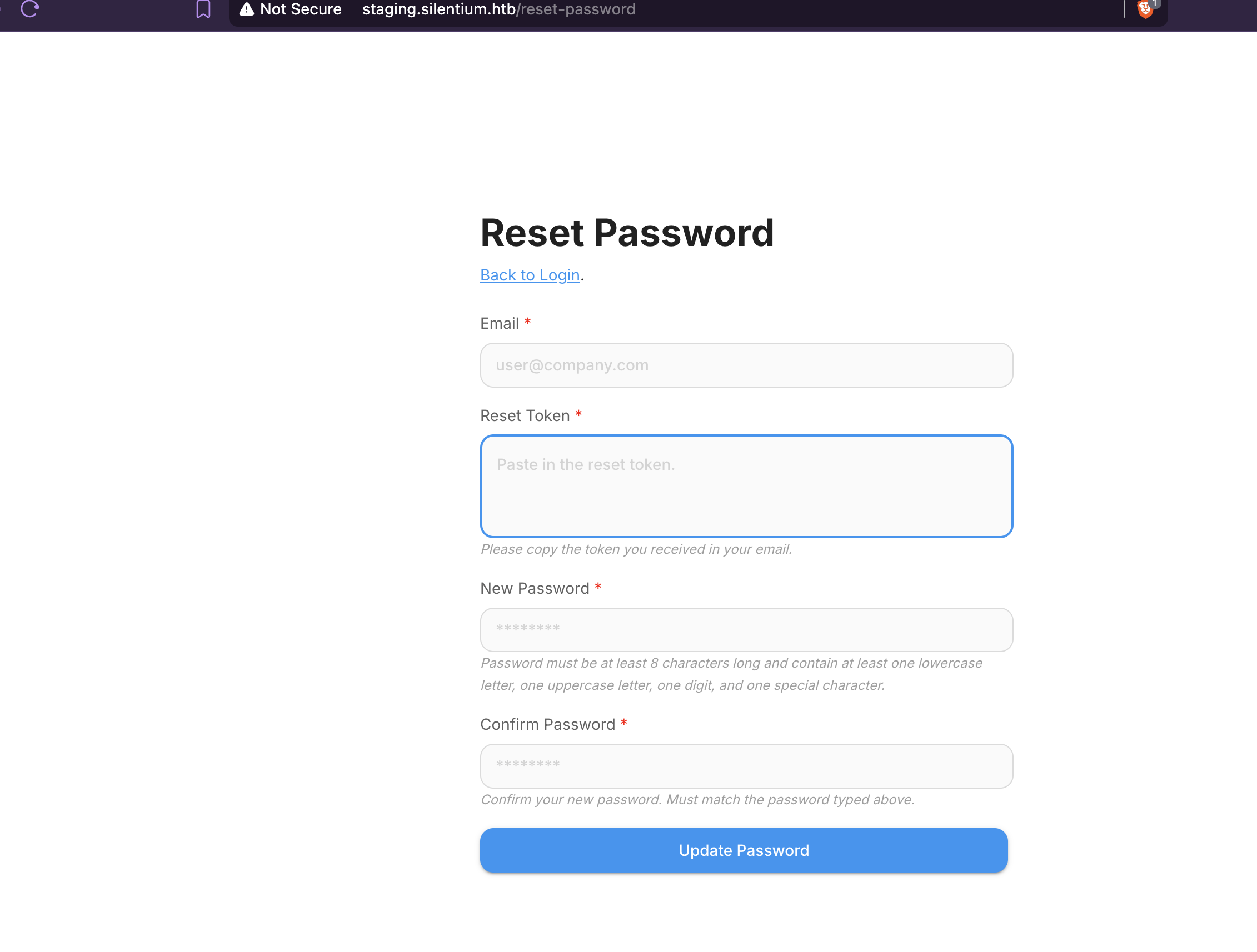 Reset password page